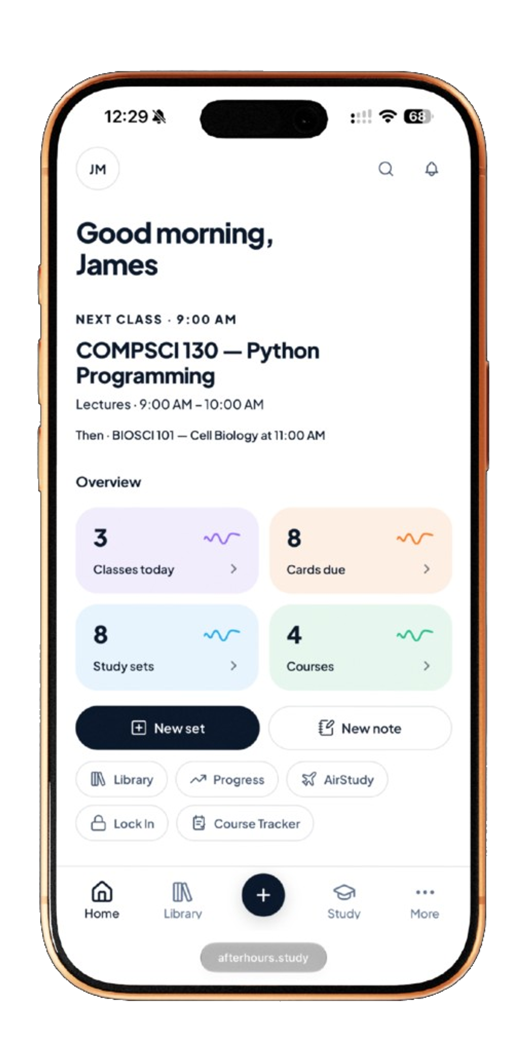 afterhours study dashboard on iPhone